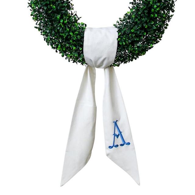 Monogram Wreath Sash for Front Door, White Embroidered Linen Wreath Sash, Porch Accessory for Xmas Party Yard, Wedding, and Boxwood Decoration, Indoor Outdoor Décor - (A)