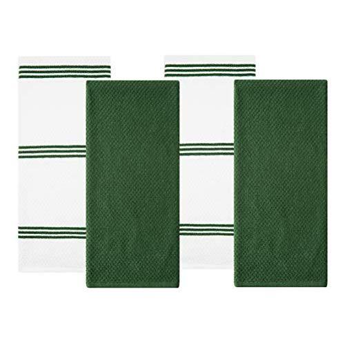 Sticky Toffee Cotton Terry Kitchen Dish Towel, 4 Pack, 28 in x 16 in, Dark Green Stripe