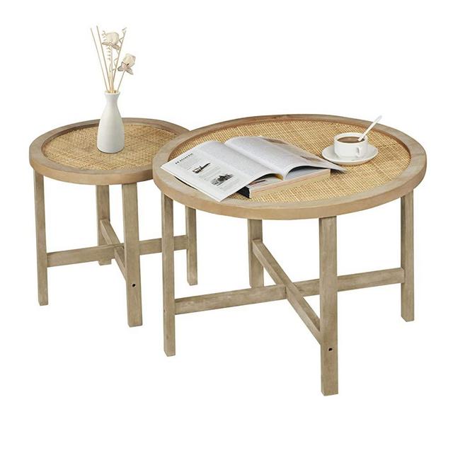 Anmytek Set of 2 Round Nesting Coffee Tables with Natural Rattan, Mid Century Wood End Table Rustic Accent Side Table for Living Room T0012
