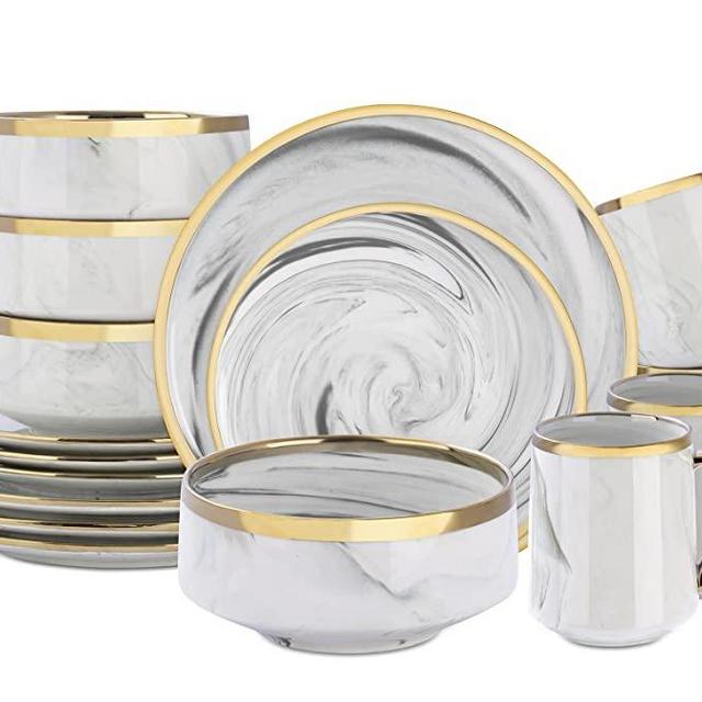 HomeVss, Fine China Artisan Marbled 16pc Dinner Set, Grey with Gold Line, Gray