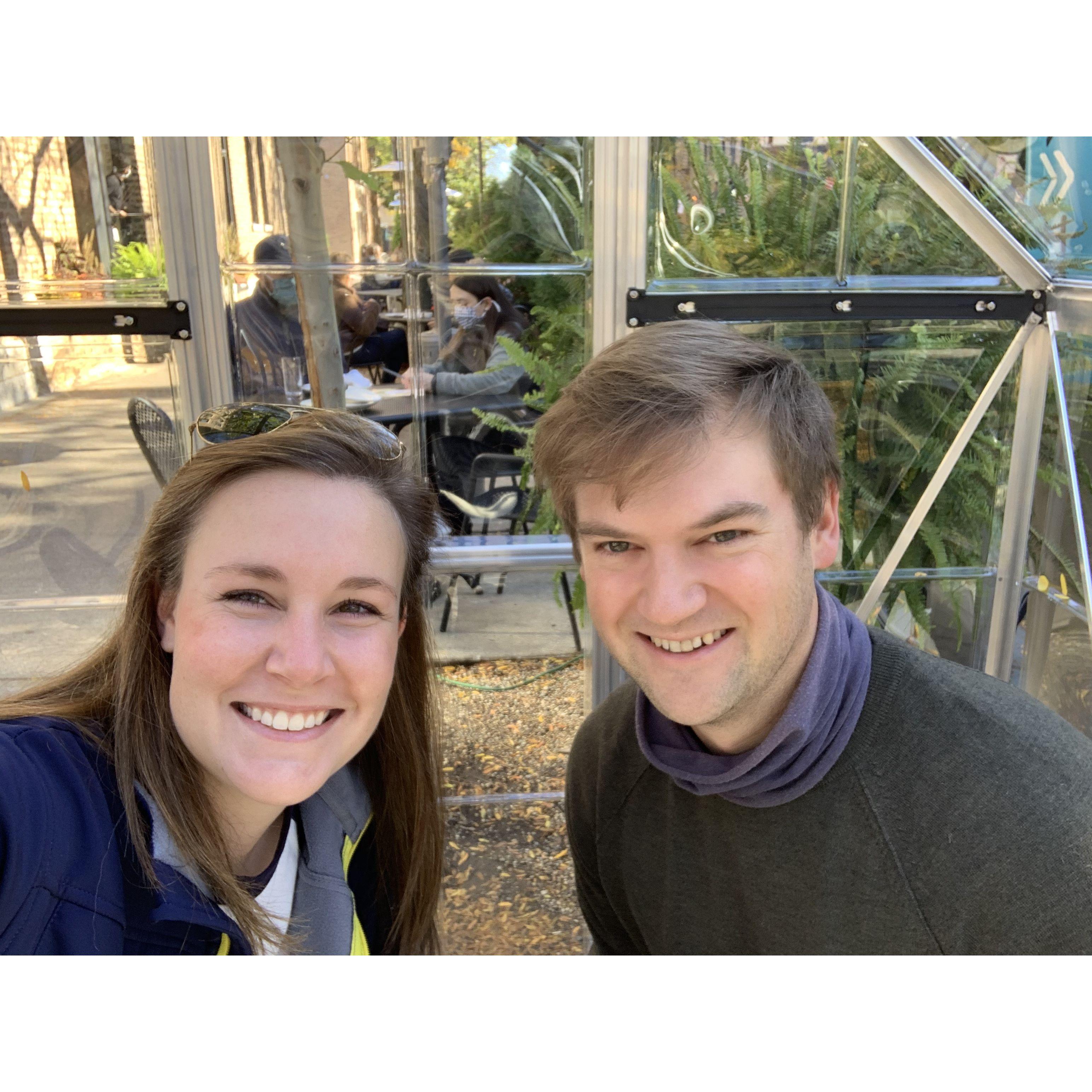 First photo we ever took together - brunch in an outdoor Igloo (COVID dining)