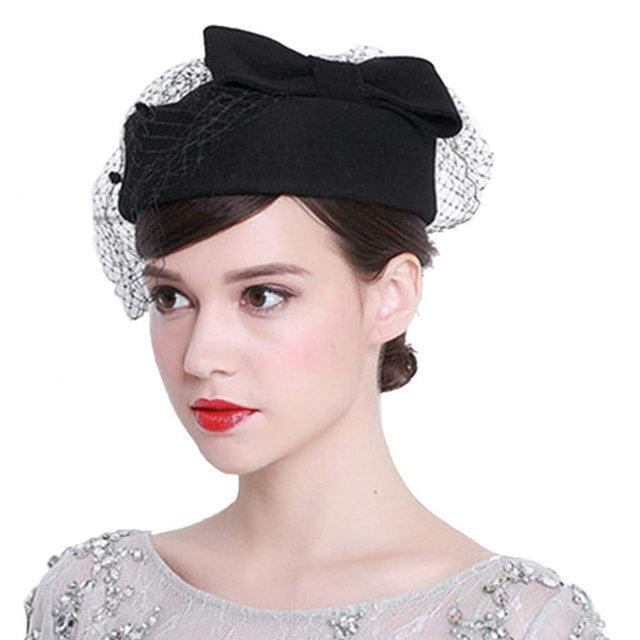 ORIDOOR Women's British Style Pillbox Church Derby Wedding Winter Vintage Fascinator Beret 100% Wool Felt Veil Hat
