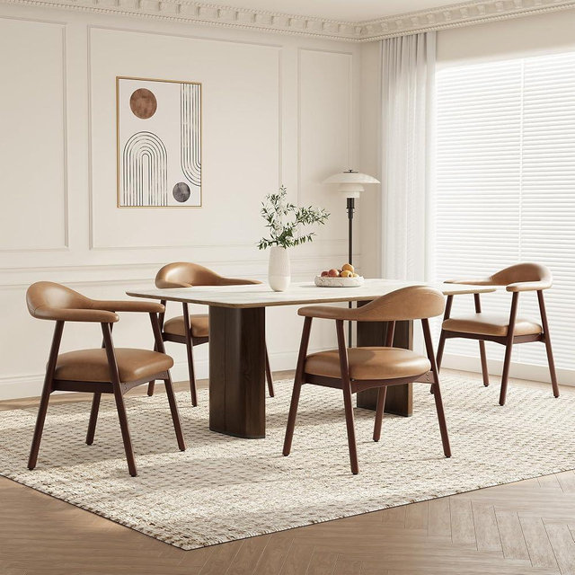 MALOL Leather Dining Chair with Armrest Set of 4, Upholstered Dining Room Chair with Curved Back and Wood Legs, Mid Century Modern Kitchen Chairs for Kitchen Dining Room,Brown