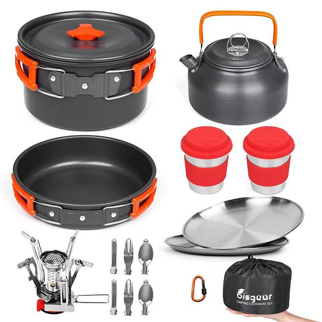 Bisgear Camping Cookware Kettle Backpacking Stove Mess Kit, Camping Pots and Pans Set with Cups Plates Utensils, Camping Kitchen Accessories Cooking Set Survival Gear