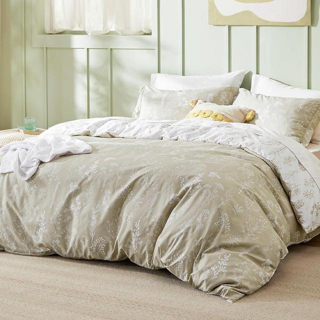 Bedsure Queen Comforter Set - Linen Comforter, Cute Floral Bedding Comforter Sets, 3 Pieces, 1 Soft Reversible Botanical Flowers Comforter and 2 Pillow Shams