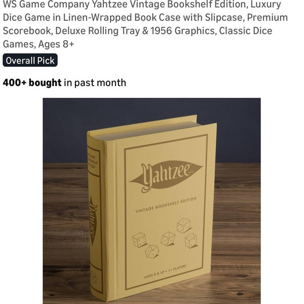WS Game Company Yahtzee Vintage Bookshelf Edition, Luxury Dice Game in Linen-Wrapped Book Case with Slipcase, Premium Scorebook, Deluxe Rolling Tray & 1956 Graphics, Classic Dice Games, Ages 8+