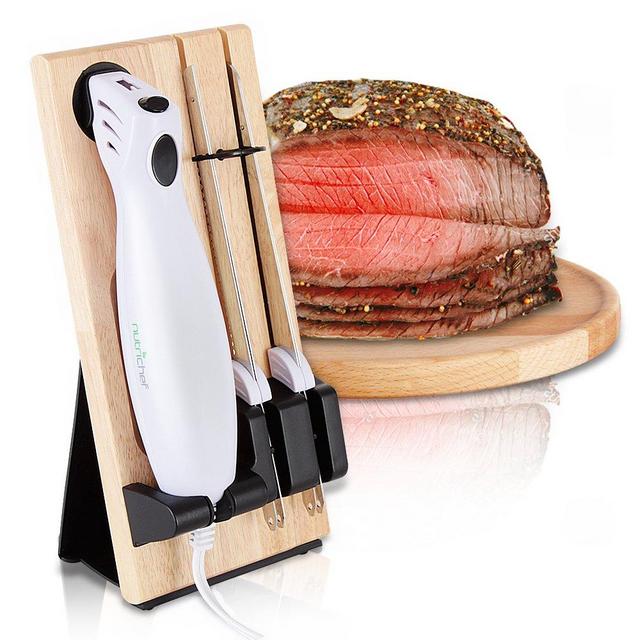 Nutrichef PKELKN16 Portable Electrical Food Cutter Knife Set with Bread and Carving Blades, Wood Stand, One Size, White (Pack of 4)