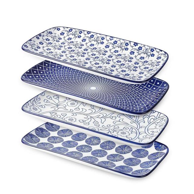 Selamica Ceramic Serving Platters, 14 Inch Serving Trays for Party Entertaining, Large Rectangular Serving Plates for Appetizer, Charcuterie, Dessert, Fruit, Gift, Set of 4, Vintage Blue
