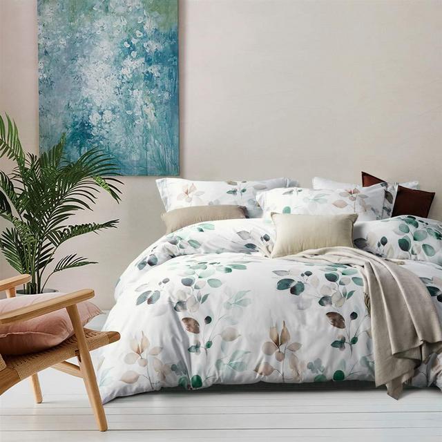 MILDLY White Floral Duvet Cover 3 Pieces Set Leaf Pattern Printed Soft Cotton Comforter Cover with 2 Pillow Shams King Size, Able