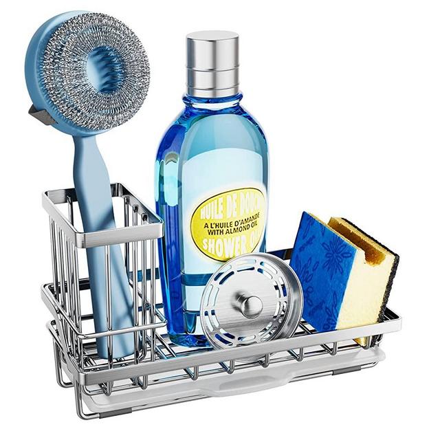 SWTYMIKI Kitchen Sink Caddy, Multifunctional Sponge Holder for Kitchen Sink with Removable Brush Holder+Drip Tray for Kitchen Sink Accessories Dish Soap Holder Dish Brush, Silver
