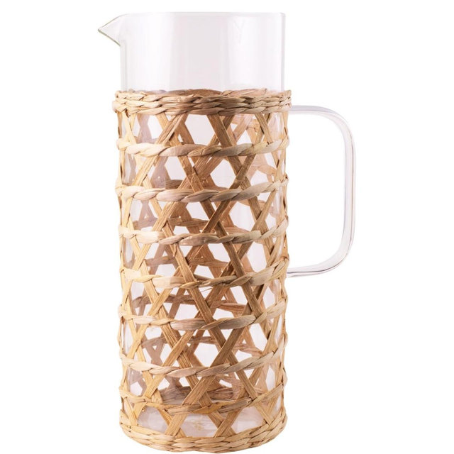 Lilly Pulitzer Drink Pitcher, Glass Pitcher with Handle, Spout and Raffia Covering, Raffia