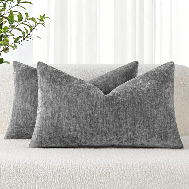 decorUhome Chenille Dark Grey Throw Pillow Covers 12x20 Inch Set of 2, Decorative Soft Couch Pillow Covers Solid Dyed Accent Velvet Farmhouse Neutral Rectangle Pillow Cases for Sofa Bed Living Room