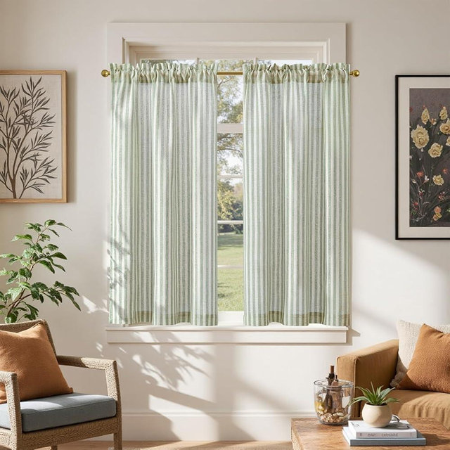 jinchan Linen Kitchen Curtains 45 Inch Length Striped Tier Curtains Ticking Stripe Small Drapes for Living Room Bathroom Cafe Small Window Farmhouse Rustic Pinstripe Rod Pocket 2 Panels Sage Green