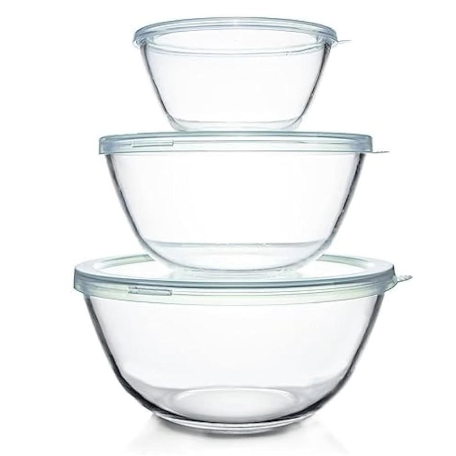 Luvan Glass Mixing Bowls with Lids Set(4.5QT, 2.7QT, 1.1QT)-Large Glass Mixing Bowls, Clear Salad Bowl for Baking, Cooking, Serving, Food Prep, 3PC Nesting Bowls for Kitchen Storage & Dishwasher Safe