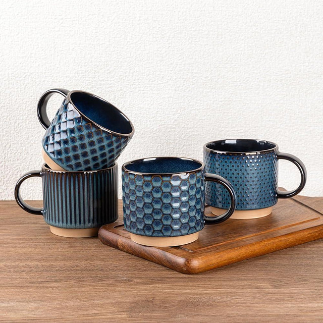 GBhome 12 OZ Stackable Coffee Mugs, Ceramic Coffee Mugs with Texture Patterns for Man,Woman,Dad,Mom, Modern Coffee Mugs Set of 4 for Latte/Cappuccino/Cocoa. Dishwasher&Microwave Safe