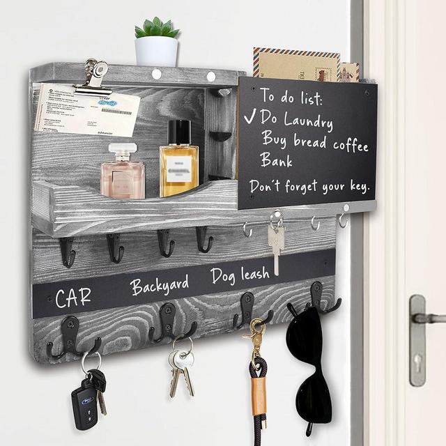 HEKOOLA Key Holder for Wall Mount, Farmhouse Mail and Key Holder for Wall Hanger with ‌Various‌ Hooks, Home Decor Rack with Chalkboard and Shelf (Pine Wood,Washed Gray)