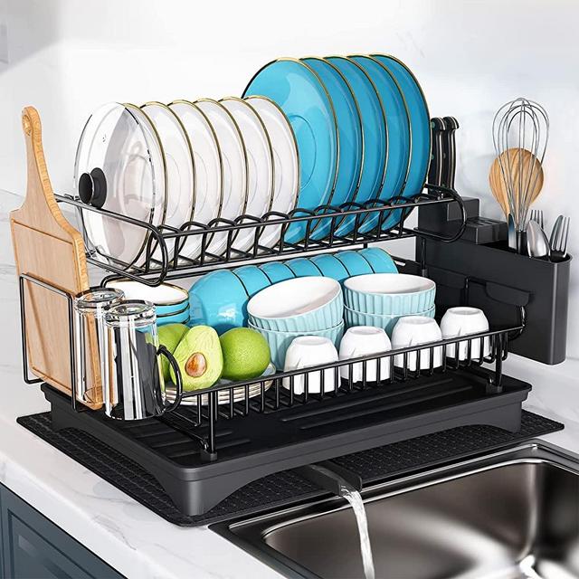 Large Dish Drying Rack with Drainboard Set, Boosiny 2 Tier Dish Strainer with Utensil and Cup Holder, and Dryer Mat, Dish Drainers for Kitchen Counter (304 Stainless Steel - Black)