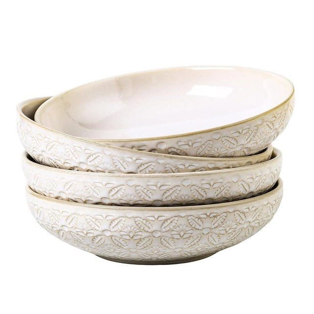 Feenmai 22 Oz Pasta Bowls Set of 4, Large Ceramic Serving Bowls, 8 inch Porcelain Embossed Bowl for Salad, Soup, Fruit, Rice, Desserts, Ramen, Housewarming Present, Kitchen Decor, Dishwasher Safe