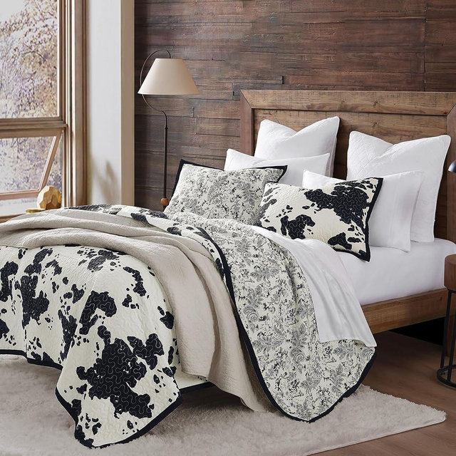 Indigo Hill by HiEnd Accents Clara Cow Print Bedding 3 Piece Super King Size Quilt Set, Black Cowhide Pattern, Reversible Western Bed Set, Rustic Farmhouse Cow Print Quilt with Pillow Shams