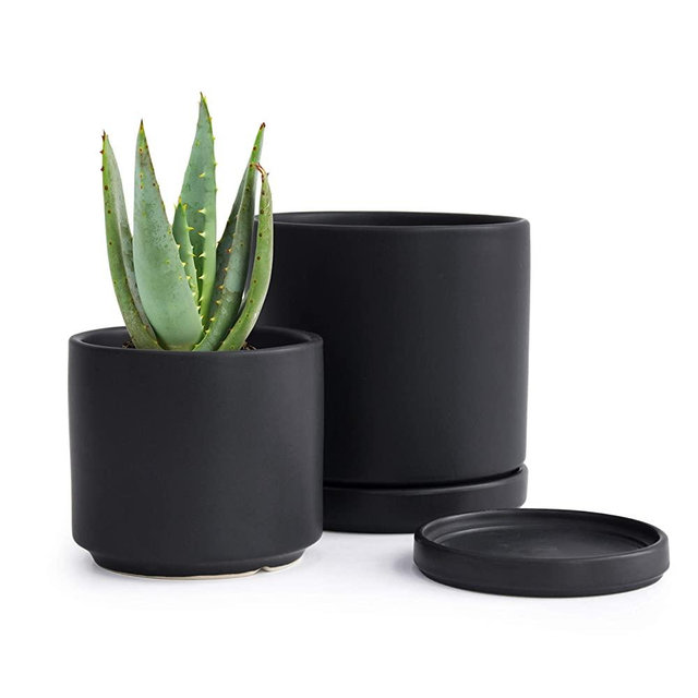 Small Plant Pots Set, 4.3 Inch & 6 Inch Ceramic Planter Pot for Plants with Drainage Hole and Saucer, Black, 94-G-S-2