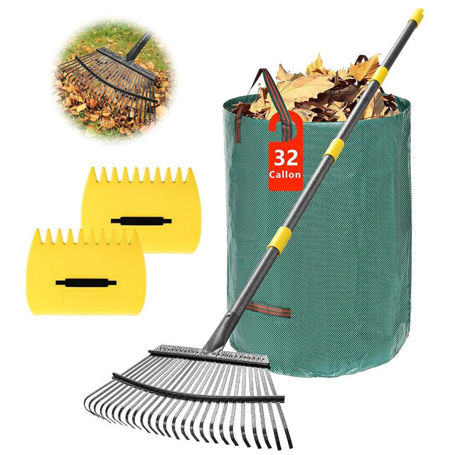 Rake for Leaves - 25 Tines Heavy Duty Metal Rake Set with Leaf Scoops & Collector Bag, Adjustable Rakes for Lawns, 3-in-1 Leaf Collection Tool for Efficient Yard Pine Needle Grass Cleanup 5FT