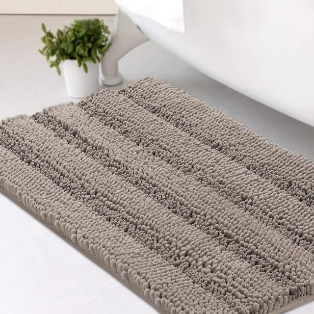 Bath Rugs for Bathroom Non Slip Bath Mats Extra Thick Chenille Striped Rug 20" x 32" Absorbent Non Skid Fluffy Soft Shaggy Washable Dry Fast Plush Mat for Indoor, Bath Room, Tub - Taupe