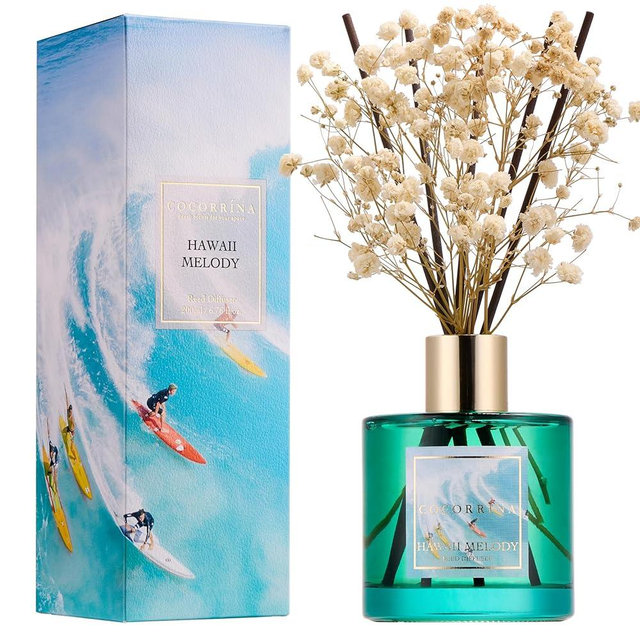 COCORRÍNA Reed Diffuser - Hawaii Melody 6.7 Fl.oz Reed Diffuser Set with 8 Sticks & Preserved Baby's Breath, Reed Diffuser for Home Bathroom Shelf Decor