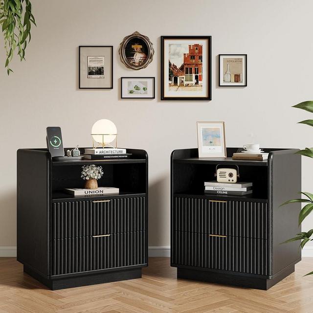 ZenXity Nightstand Set of 2, Fluted Night Stand with Charging Station, 2 Drawers, 1 Open Shelf, 19.7" Modern End Table, Wood Bedside Table for Bedroom, Black