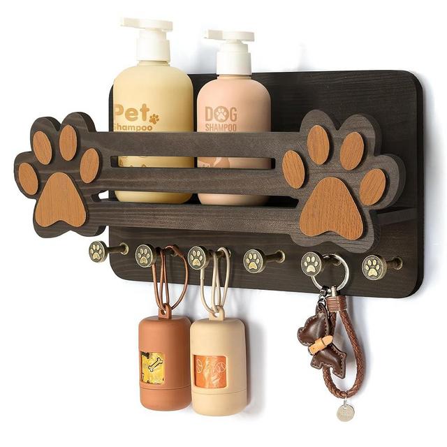 MTERSN Decorative Dog Leash Holder for Wall - Cute Dog Accessories Organizer with Floating Shelf & 6 Key Hooks – Key Holder Wall Mount for Cute Stuff and Farmhouse Decor (Black)