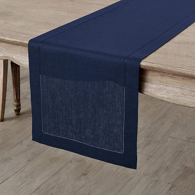 Solino Home 100% Pure Linen Hemstitch Table Runner - 14 x 72 Inch, Handcrafted from European Flax, Machine Washable Classic Hemstitch - Navy