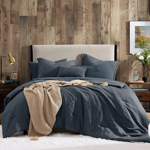 Geniospin Full Comforter Set - 7 Pieces Comforter Full Size, Solid Bedding Sets for All Season, Textured Bed in a Bag with Flat Sheet and Fitted Sheet, Pillowcases and Shams (Navy Blue, 80''x90'')