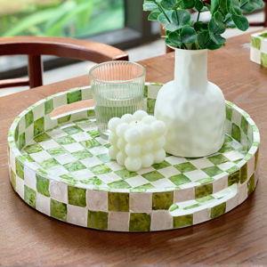 12.6" Round Decorative Tray with Handles, Checkered Capiz Mother of Pearl Serving Tray for Coffee Table, Kitchen Counter, or Bathroom (Pistachio Green and White)