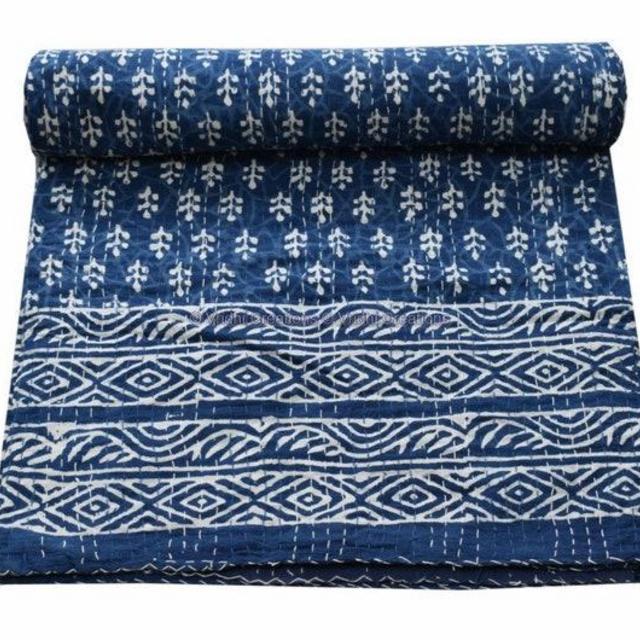 Indian Cotton Handmade Blue Indigo Kantha Quilt Hand Block Bedding Bedspread King Size Kantha Bed Cover Vintage Throw Blanket
