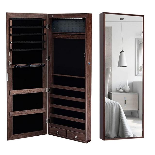 Vlush Jewelry Cabinet, LEDs Mirror Jewelry Armoire Organizer, Lockable, 47.3" Tall, Over The Door or Wall mounted, With 2 Drawers - Dark Brown