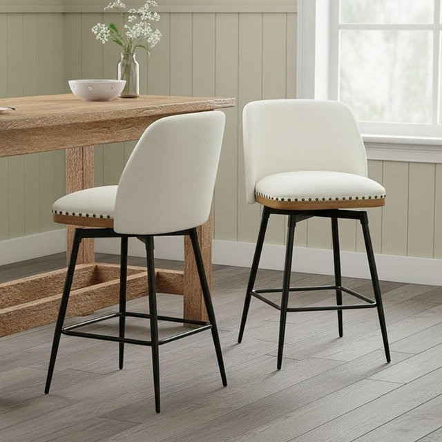 Forsalund Swivel Counter Height Bar Stools Set of 2, 26" Upholstered Linen Fabric Bar Stools with Back, Wood Trim, Upholstered Counter Chairs for Kitchen Island, Chenille White