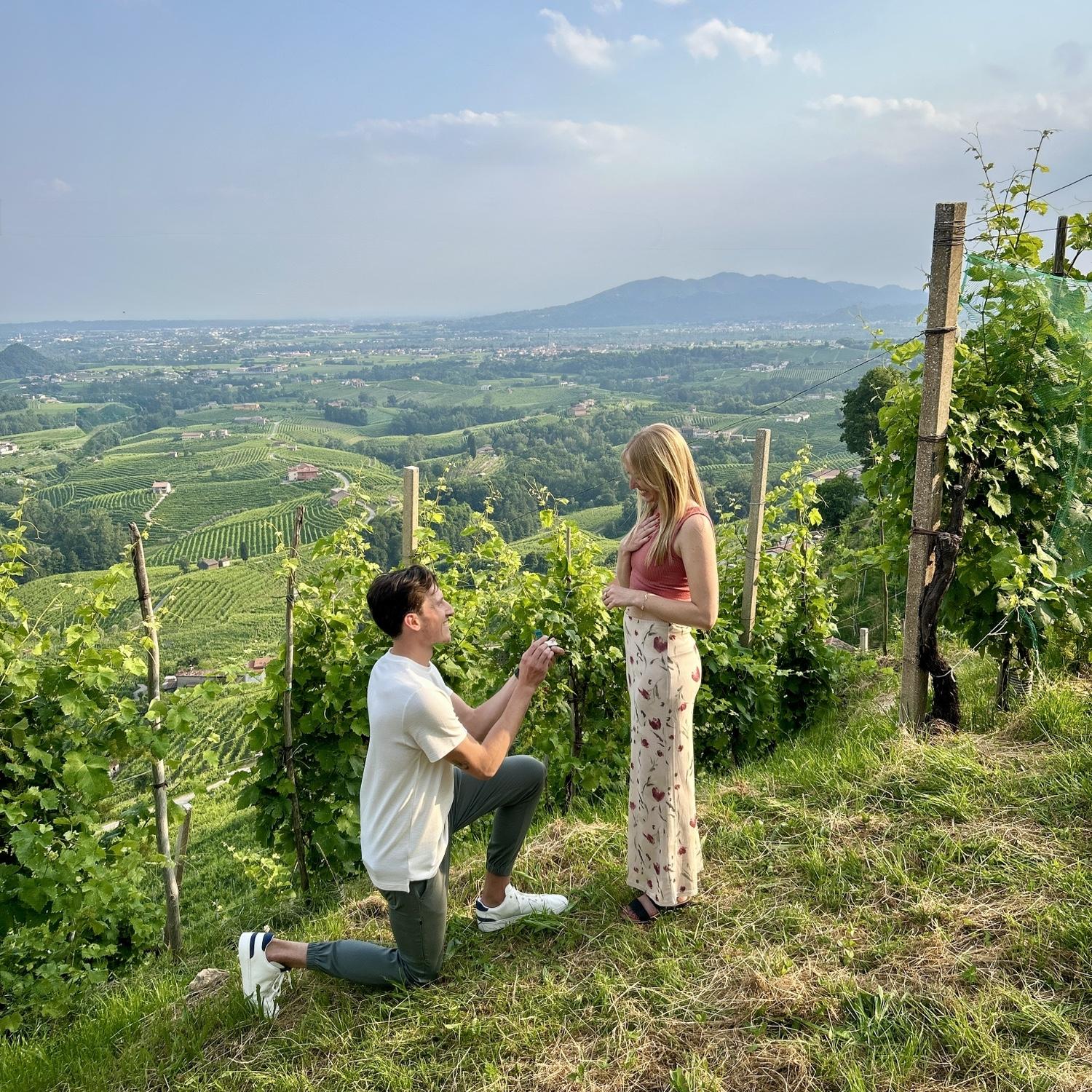 Ian proposes on their first trip to Europe while in Valdobbiadene, Italy!