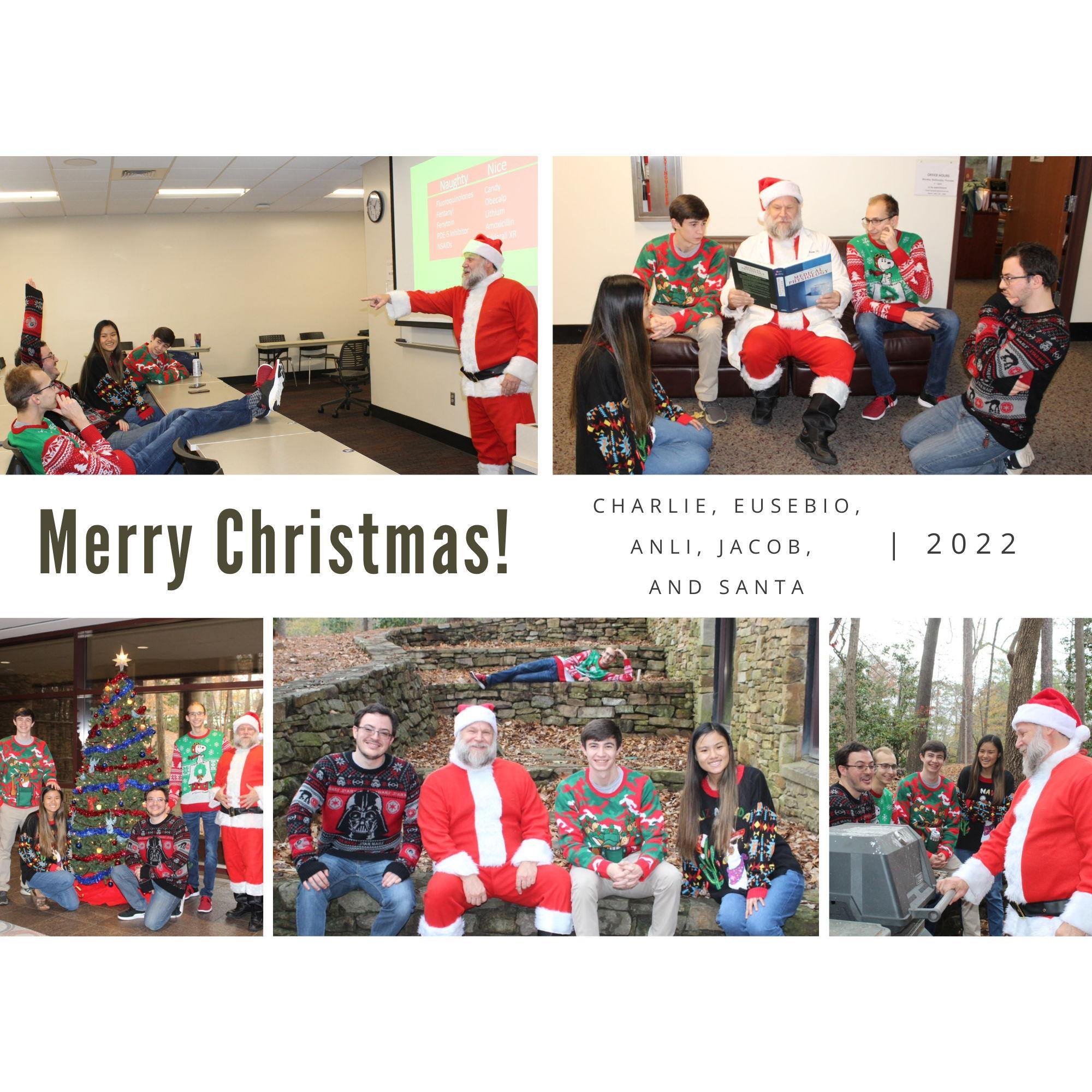 Winter 2022: The Christmas card tradition continues. This year, we had help from a special guest, and took pictures throughout the College of Health Sciences building.