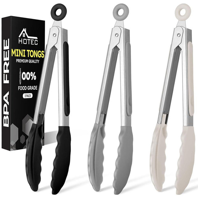 Hotec Mini Silicone Kitchen Tongs for Cooking - 7-Inch Small Serving Tongs with Silicone Tips, Set of 3 (Black,Grey,Khaki)