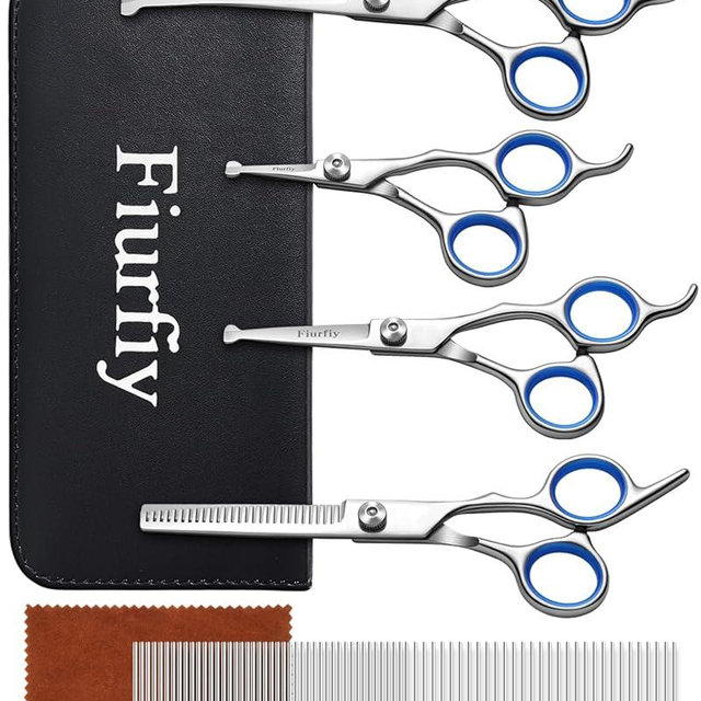 Fiurfiy 6-in-1 Dog Grooming Scissors - Professional Stainless Steel Hair Cutting Kit with Safety Rounded Tips, Ergonomic Soft-Grip Handles for Small & Large Dogs, Cats