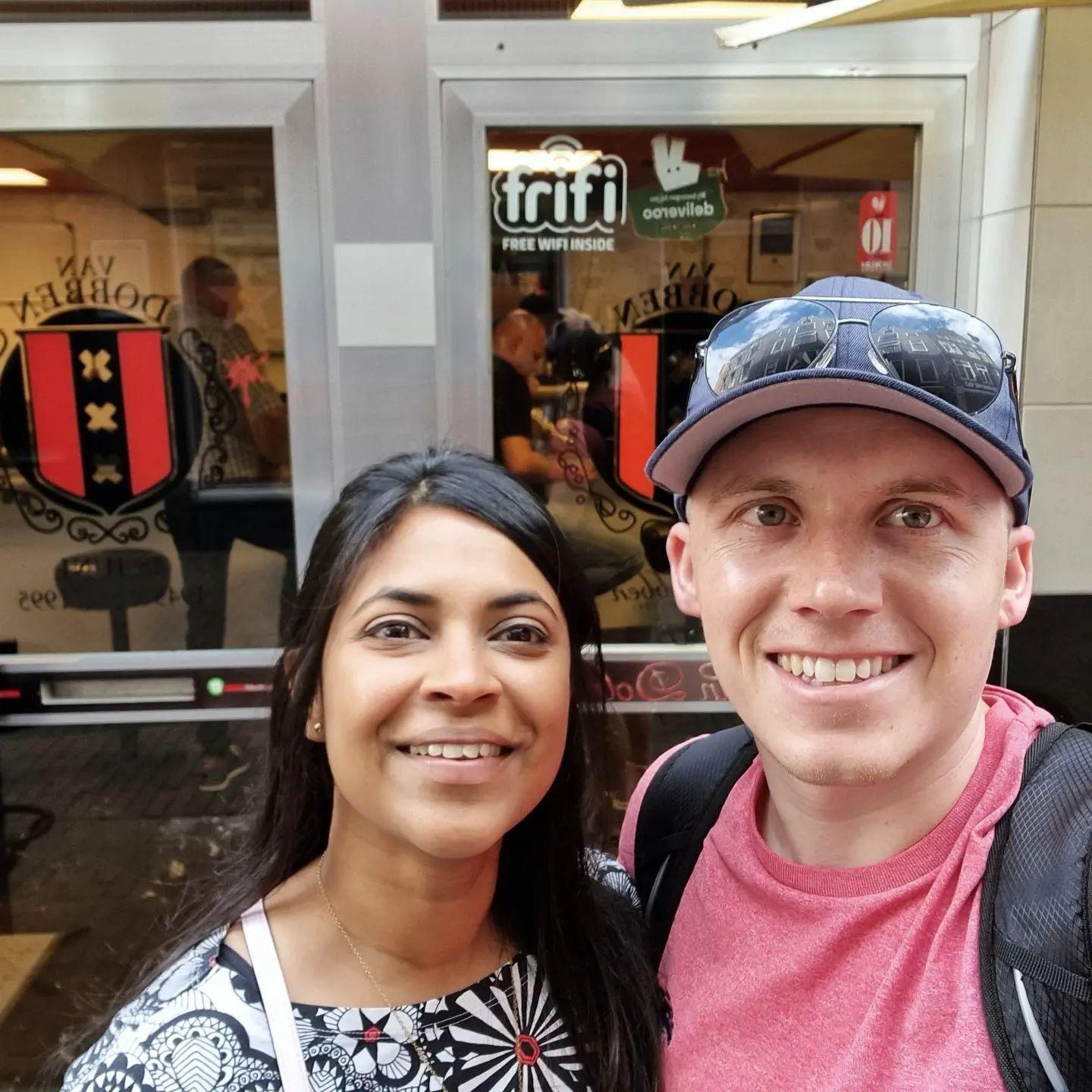 Us in Amsterdam outside Max's Opa's favourite sandwich shop