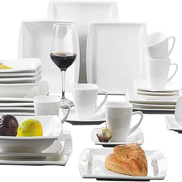 MALACASA Square Dinnerware Set, 30-Pieces Porcelain White Dinner Combi Sets, Plates and Bowls Set,Cups and Saucers, Service for 6, Series Blance