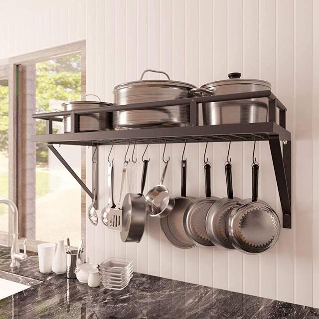 KES 30-Inch Kitchen Pan Pot Rack Wall Mounted Hanging Storage Organizer Wall Shelf with 12 Hooks Matte Black, KUR215S75A-BK