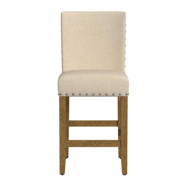 24" Upholstered Counter Height Barstool with Nailheads Beige - HomePop