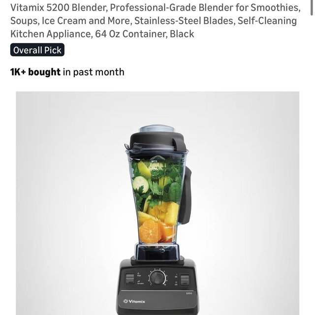 Vitamix 5200 Blender, Professional-Grade Blender for Smoothies, Soups, Ice Cream and More, Stainless-Steel Blades, Self-Cleaning Kitchen Appliance, 64 Oz Container, Black