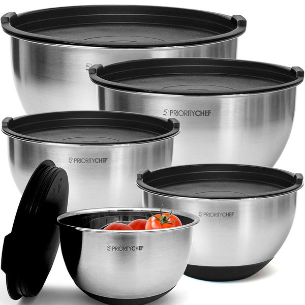 Priority Chef Premium Mixing Bowls With Lids Set, Airtight Lids, Thicker Stainless Steel, Non-Slip Base, 5 Nesting Steel Bowls for Kitchen, Large Prep Metal Bowl Set 1.5/2/3/4/5 Qt, Black