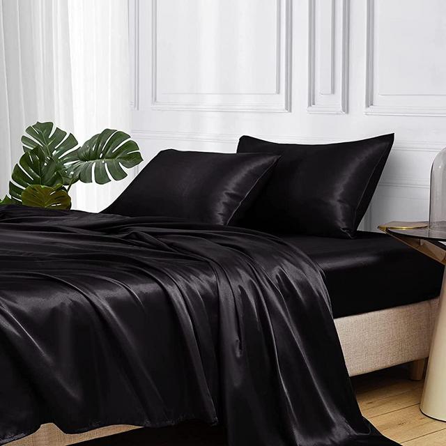 MR&HM Satin Bed Sheets, California King Size Sheets Set, 4 Pcs Silky Bedding Set with 15 Inches Deep Pocket for Mattress(California King, Black)