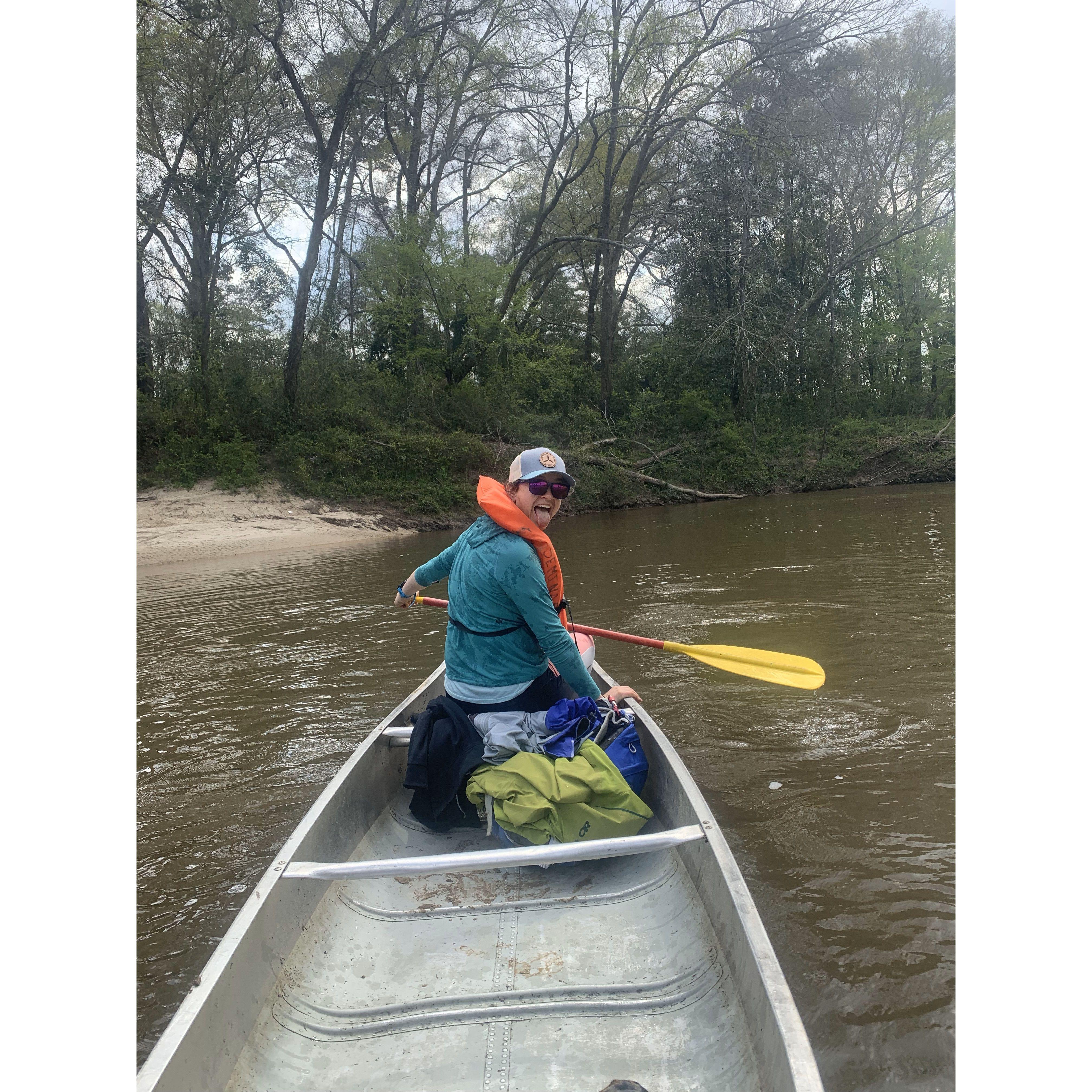 Canoeing in the Great State of Mississippi. Rapids ahead. What's the worst that could happen? After spinning 180 degrees we came to the understanding that Erin would steer the boat.