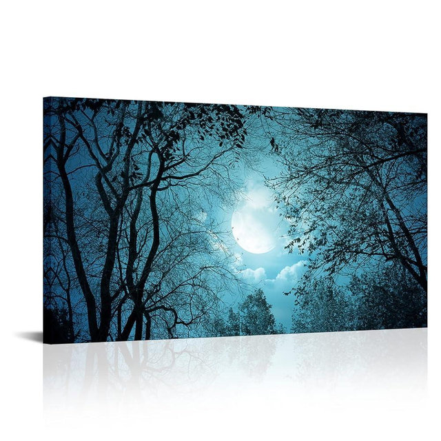 Visual Art Decor Teal Full Moon Forest Wall Art Landscape Painting Turquoise Decor Picture Framed Artwork Living Room Bedroom Office Wall Decoration,20inx36in