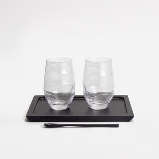 Clear Ripple Water Glasses, Wooden Muddler & Tray