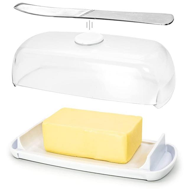 Butter Hub Extra Large Butter Dish with Lid and Knife, European Size Magnetic Butter Keeper, Easy Scoop, No Mess Lid, Plastic, Dishwasher Safe (Clear)